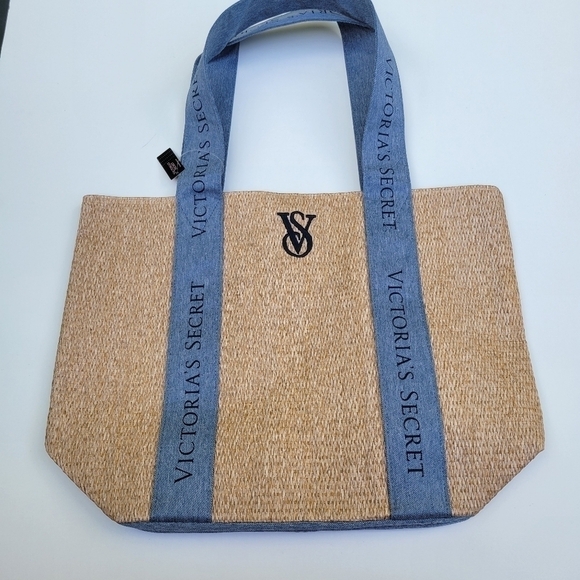 Victoria's Secret Handbags - Victoria's Secret NWT tote Bag Wicker Tan blue logo.
